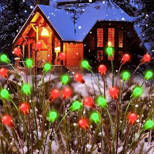 OZS 6Pack Total 48LED Solar Garden Lights Christmas Fairy Outdoor - Solar Firefly Lights Fairy Outdoor, Sway by Wind, Waterproof for Pathway Patio Yard Christmas Decorations(Red&Green) - Image 2