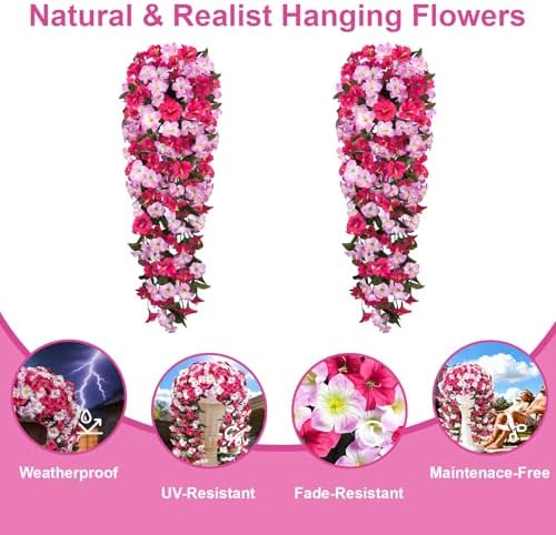 Artificial Hanging Flowers for Outdoors, 2 PCS 272 Blooms UV Resistant Morning Glory Faux Silk Vines, No-Odor Realistic Fake Plants for Garden Planter Porch Patio Decoration, Fuchsia Pink - Image 5