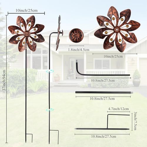 VEWOGARDEN 2 Pack Wind Spinners Outdoor, Metal Wind Spinner with Flower Design for Yard Garden Lawn Decorations, Antique Bronze - Image 3