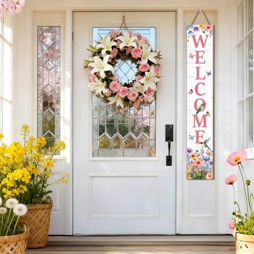 Hummingbird Welcome Sign for Front Door, Fall Porch Sign Tulip Flowers Outdoor Yard Sign Seasonal Tall Floral Welcome Porch Sign Wildflowers Wood Door Sign for Garden Patio Wall Home Decor - Image 5