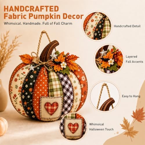 Autumn Retro Patchwork Pumpkin Door Hanging with Lights，D - Image 2