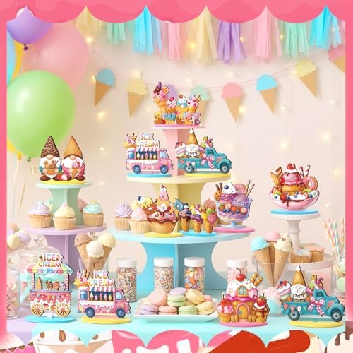Wesiti 12 Pcs Ice Cream Table Decorations Wooden Ice Cream Centerpiece Summer Table Topper Tiered Tray Decor Signs Truck Gnome Home Decor for Summer Bridal Wedding Birthday Party Supplies - Image 4