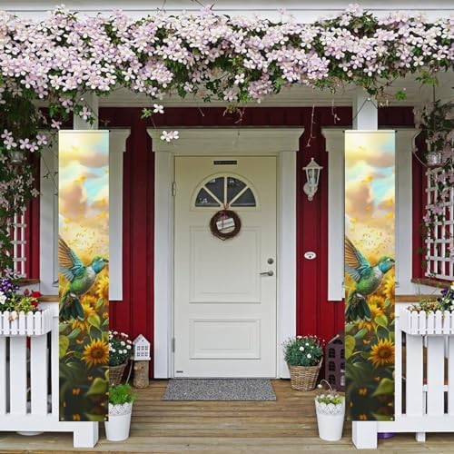 doginthehole Spring Front Door Banner Sunflowers Hummingbird Hanging Banner Porch Sign Indoor Outdoor Home Wall Holiday Yard Garden Patio Party Decor - Image 2