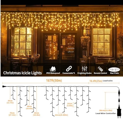 Icicle Lights for Outside, 167ft 17600 LED Icicle Christmas Lights Outdoor Waterproof, 352 Drops with Remote, 8 Modes & Dimmable, Timer for Christmas, Wedding, House, Roof Decoration, Warm White - Image 4