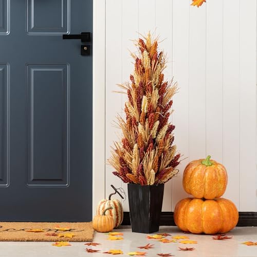 Glitzhome 38”H Fall Porch Tree Decor, Artificial Sorghum Porch Tree Harvest Decoration with Black Planter, Indoor/Outdoor Seasonal Decor for Porch, Garden, Entryway by Glitzhome