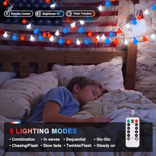 JMEXSUSS Red White and Blue Lights Battery Operated, 33ft 4th of July Lights Outdoor Waterproof, 100 LED String Light for Independence Day Memorial Patriotic Day Decor (Pack of 2) - Image 3