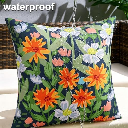 Pyonic Spring Summer Floral Outdoor Pillow Covers 18x18 inch Waterproof Throw Pillow Covers Outdoor Pillows for Patio Furniture Garden Bench Porch,Navy - Image 2