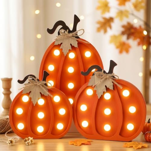 Fangoo 3pcs Wooden Fall Pumpkins Light Up Table Centerpieces Decor Pumpkin Block Table Signs Autumn Tabletop Decorations Rustic Thanksgiving Tiered Tray Farmhouse Harvest Halloween Home Shelf Decor by Fangoo