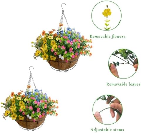 Artificial Hanging Plants Flowers with Basket 2 Packs, Faux Hanging Plants Outdoor, White+Pink+Yellow+Orange+Blue+Green&White+Pink+Yellow+Orange+Blue+Purple - Image 3