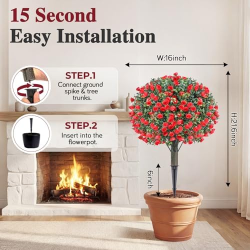 PATIO CHOICE Topiary Trees Artificial Outdoor Boxwood Ball Trees with Rose Set of 2 22" Fake Outdoor Plants Faux Bushes and Shrubs Decorations for Outdoor Indoor Front Porch Garden - Image 3