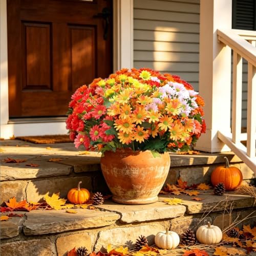 8 Bundles Artificial Flowers for Outdoors, Fake Daisy UV Resistant No Fade Faux Greenery for Spring Summer Indoor Outdoor Planter Porch Patio Yard Garden Decoration - YellowWhiteOrangePink by BCBLF