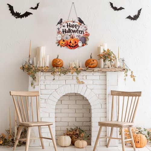 Halloween Decoration Wood Door Plaque - Rustic 9.2x8.8 Inch Handcrafted Sign with Raised Pumpkins, Ravens & Ghosts, Spider Web Design for Porch Wall Decor. Layered Artisan Craft. Halloween Party Outdoor indoor Supply - Image 5