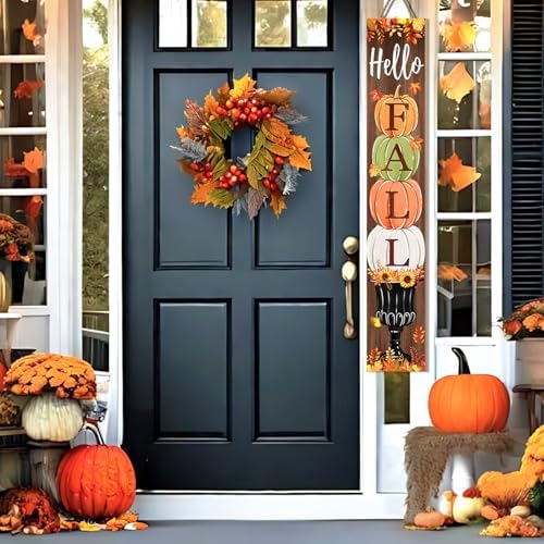 Fall Porch Sign, Hello Pumkpkin Sign for Front Porch, 3 Pumpkins Wooden Sign Yard, Vertical Wood Sign Standing for Patio Front Door Porch, Autumn Home Party Entryway Yard Wall Decor Indoor Outdoor, 47x8 inch - Image 6