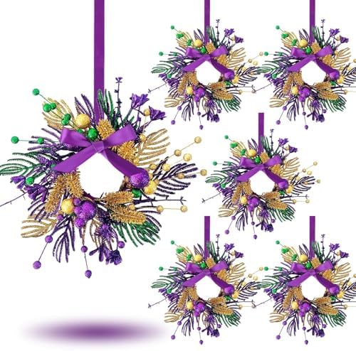 6 PCS Mardi Gras Purple and Green Glitter Mini Cabinet Wreaths for Front Door Carnival Party Decor Wreath Mardi Gras Hanging Garlands Candle Rings for Front Door Home Window Chair Wall Indoor Outdoor by Unknown