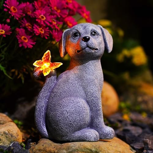 Nacome Dog Outdoor Statues for Garden with Solar Butterfly by Nacome