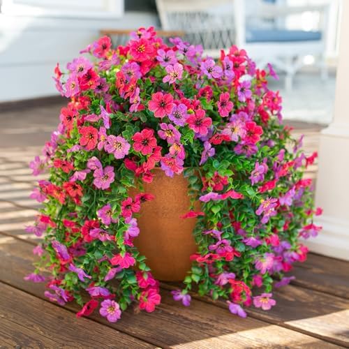 HyeFlora 2Pcs Fake Flowers Artificial Floral for Outdoors Decorations, Outside Flower Decor, UV Resistant Silk Flower for Front Porch Patio Garden(Purple and Hotpink) - Image 5
