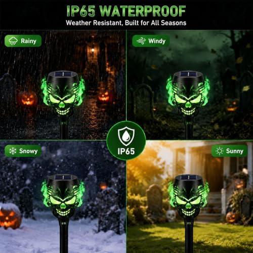 8 Pack Solar Halloween Lights Outdoor, Flickering Flame Skull Torches, Waterproof Purple Solar Lights for Yard, Spooky Skull Pathway Lights for Halloween Outdoor Decorations (Green) - Image 5