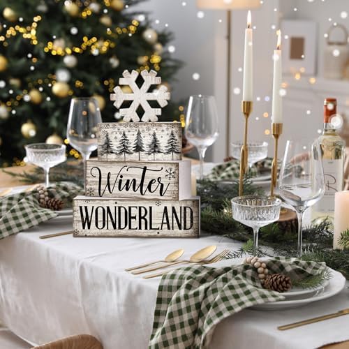 Lineshading 4 Pcs Winter Block Signs Wooden Farmhouse Tiered Tray Decor - Image 4