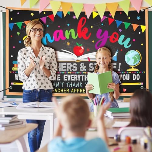 Happy Teacher Day Banner Teacher Appreciation Week Decorations Flag Outdoor 71x44 Inch School Classroom Backdrop,Thank You Teacher Gifts for Indoor Home Party Supplies,Yard Sign Photography Background - Image 4