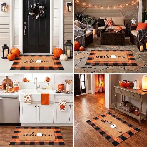 Halloween Decor Doormat Combo Set, Welcome Ghost Coco Coir Welcome Mat + 28" x 43" Orange and Black Plaid Rug, Autumn Halloween Front Porch Entryway Decor Floor Mat - Image 5