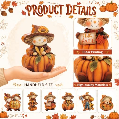 Vicenpal 6 Pieces Fall Decor Wooden Scarecrow Pumpkin Figurines Rustic Autumn Harvest Tabletop Decoration for Thanksgiving Home Kitchen Centerpiece, Shelf Sitter Holiday Display - Image 3