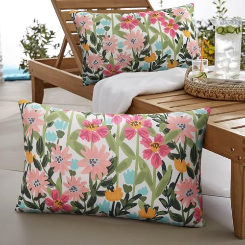 Pyonic Outdoor Pillows Cover Pack of 2 Floral Waterproof Throw Pillow Covers 12X20 inch Outdoor Lumbar Pillows for Patio Furniture Garden Outside Waterproof Throw Pillows - Image 2