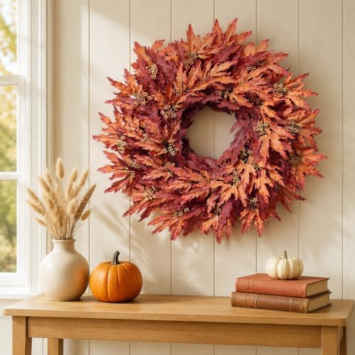 26" Artificial Fall Maple Leaves Wreath for Front Door Decoration (Orange) - Image 4
