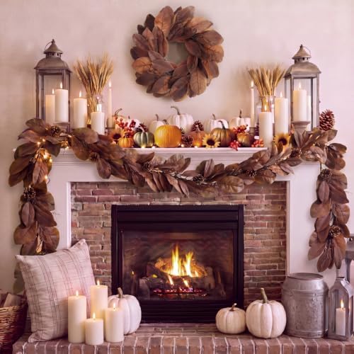 Yunlly Fall Magnolia Leaf Garland and Wreath Set, Brown Color, 2 Pcs by Yunlly