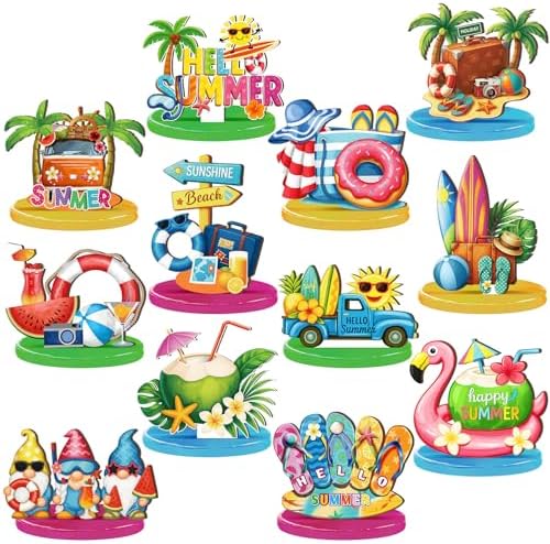 Wesiti 12 Pcs Summer Table Decor Wooden Summer Beach Table Centerpieces Beach Pool Balls Palm Tree Flamingo Tabletop Topper Tropical Hawaii Tiered Tray Decor for Kitchen Holiday Pool Party Supplies by Unteilti