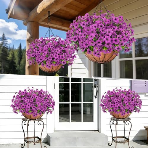Roberly Artificial Hanging Flowers for Outdoors with Hanging Basket, Violet - Image 5