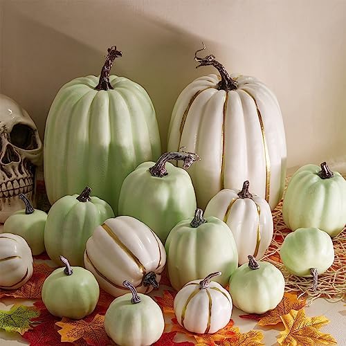 Lucakuins 7Pcs Artificial Pumpkins Fall Decoration Assorted Faux Pumpkin Cute Foam Pumpkins for Home Outside Halloween Decorating (Green2, One Size) - Image 5