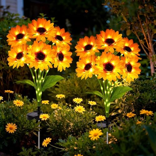 Solar Sunflower Lights Outdoor Garden Decor, 2 Pack with 12 Sunflowers,8 Lighting Modes, Birthday Gifts for Mom Women, Outdoor Decorative Stakes Light for Landscape Yard Patio Lawn by BomKra