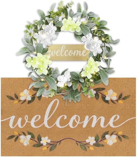 Welcome Mat Wreath Set with Lights Front Door Greenery Spring Doormat Wreaths All Season Summer Floral Artificial Decor for Porch Entryway Wall Farmhouse Patio Garden Festival 18in by BELIVIUM