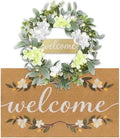 Welcome Mat Wreath Set with Lights Front Door Greenery Spring Doormat Wreaths All Season Summer Floral Artificial Decor for Porch Entryway Wall Farmhouse Patio Garden Festival 18in by BELIVIUM