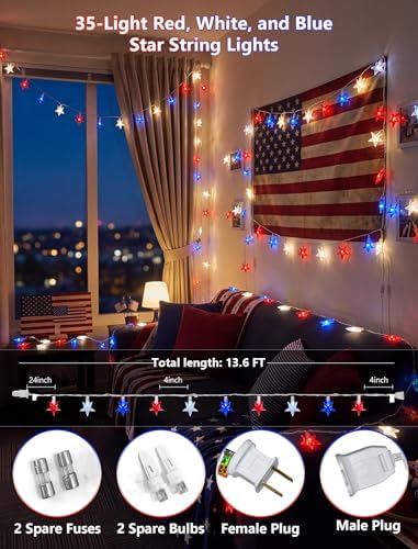 35 Red White and Blue Star Lights, 13.6Ft 4th of July String Lights - Image 2