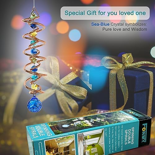 FONMY Gazing Ball Spiral Tail -Decorative Wind Spinner Sun Catcher Rainbow Maker Copper Double-Spiral W/Sea Blue Crystal Ball and Chain Crystals Beads for Indoor Outdoor Garden Decoration -14 inch H - Image 2