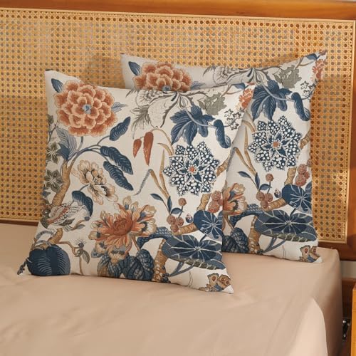 Navy Blue Orange Boho Pillow Covers 18x18 Inch 2 Pcs Chinoiserie Blue Floral Bird Decor Throw Pillows Vintage Flower Seasonal Outdoor Farmhouse Pillowcase Linen Cushion Cover for Couch Sofa - Image 2
