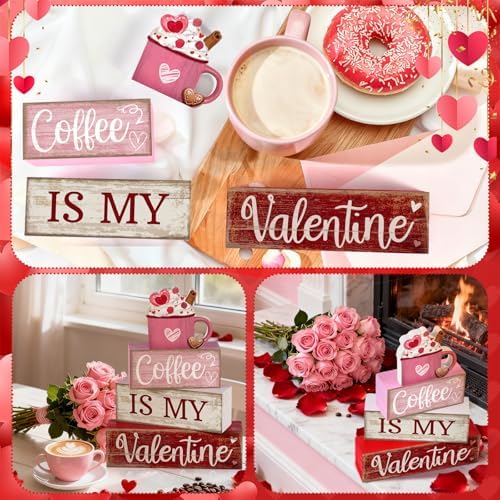 Lineshading 4 Pcs Valentine Coffee Wood Block Signs, Tiered Tray Decor - Image 6