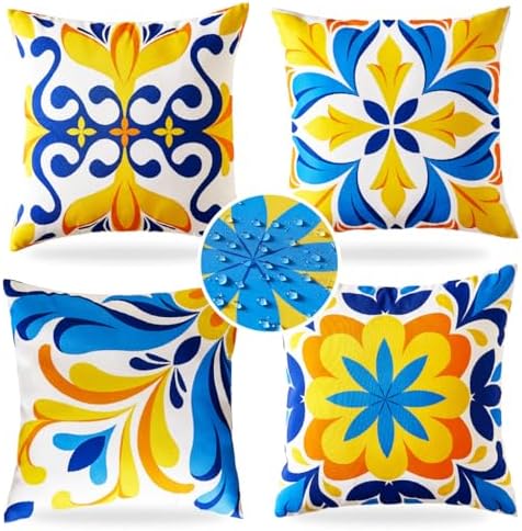 Blue and Orange Outdoor Floral Pillow Covers 18x18 Set of 4 Waterproof, Mediterranean Decor Accent Porch Throw Pillows 18 x 18, Fade Resistant Waterproof Outdoor Pillows for Patio Furniture by CARRIE+HOME
