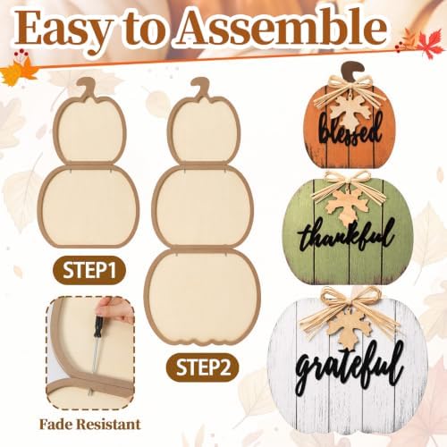 Threehoney 35 Inch Fall Stacked Pumpkins for Porch Wooden Outdoor Standing Pumpkin Decor Thanksgiving Harvest Farmhouse Sign for Yard Front Door Garden Patio Outdoor(Thanksgiving,Rustic Color) - Image 4