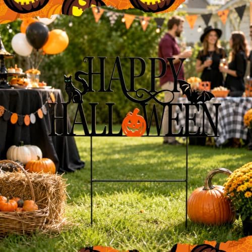 Amyhill Halloween Happy Sign Metal Garden Stakes Halloween Spooky Pumpkin Lantern Bat Cat Outdoor Yard Decorations with Stakes Decor for Indoor Home Lawn Porch Backyard Holiday Decor - Image 5