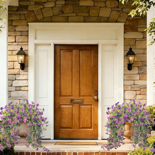 4 Pcs Artificial Hanging Flowers for Outdoor Indoor, UV Resistant Silk Daisy Fake Flowers, Realistic Faux Trailing Vines for Spring Garden Planter Porch Patio Window Box Decor(Double Purple) - Image 5
