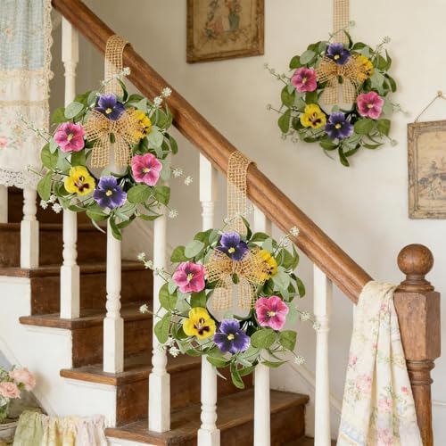 6 PCS Summer Floral Wreaths for Kitchen Cabinet Artificial Pansy Flowers Wreaths with Fern Branches Flocked Lamb Ear Leaves Mini Wreath Spring Floral Small Wreath for Table Centerpiece Farmhouse Decor - Image 6