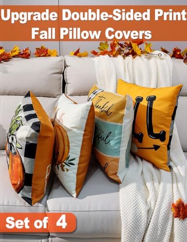 multiwins Fall Decorations Set of 4 Double-Sided Print Pillow Covers 16" x 16", with 8 Cute Fall Decor Patterns, Soft Linen Throw Pillow Covers for Outdoor & Indoor Use, Perfect for Thanksgiving - Image 2