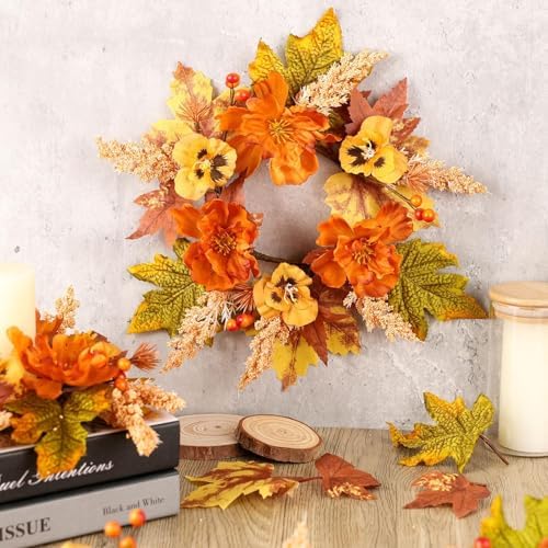 Mini Fall Wreath for Cabinet, Artificial Autumn Wreath with Maple Leaves, Peony, Burlap Bow, Orange Berries, Harvest Thanksgiving Wreath Indoor Outdoor Front Door Home Wall Window Decor - Image 2