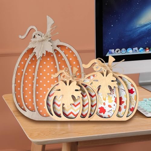 Fall Pumpkin Decor, 3Pcs Fall Decorations for Thanksgiving, Hand-Carved Rustic Farmhouse Table Centerpiece for Autumn Harvest Home Decor, Indoor & Outdoor Seasonal Ornaments by Unknown