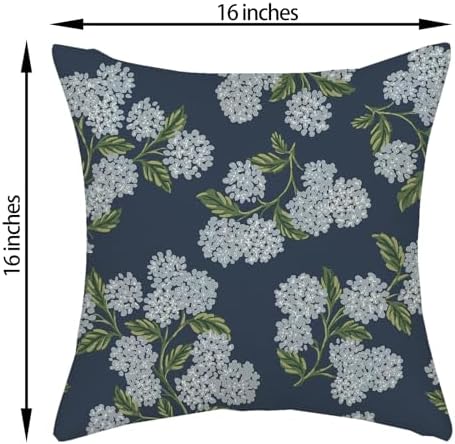 Navy Blue Spring Pillow Covers 16x16 Inch 2 Pcs Blue Green Hydrangea Flower Decor Throw Pillows Vintage Floral Seasonal Summer Outdoor Decoration Pillowcase Linen Cushion Cover for Couch Sofa - Image 6