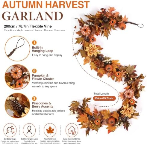 6 FT Fall Dahlia Garland Vine Autumn Sunflower Garland with Maple Pumpkin - Image 2