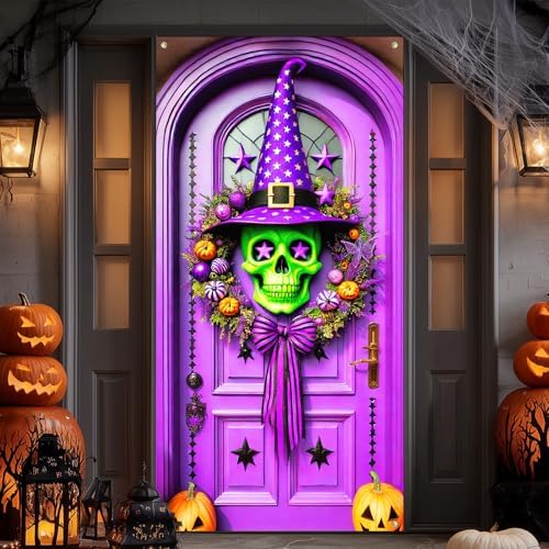 IVN Halloween Skull Witch Wreath Door Cover Decorations 35x71 Inch - Image 2