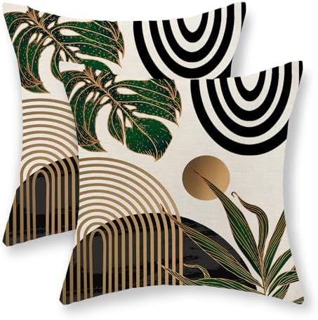 Black Boho Pillow Covers 18x18 Set of 2 Gold Green Leaf Tropical Mid Century Throw Pillows Outdoor Decor Geometric Abstract Modern Decorative Pillow cases Farmhouse Linen Cushion Cases for Couch by JEFERSO